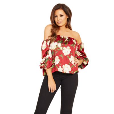 Jessica Wright for Sistaglam Red 'Amarie' floral satin bardot top